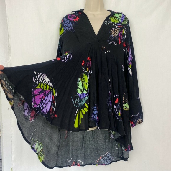 Free People Field Of Butterflies Tunic Top XS Womens Black Swing Flowy Oversized - Picture 3 of 12